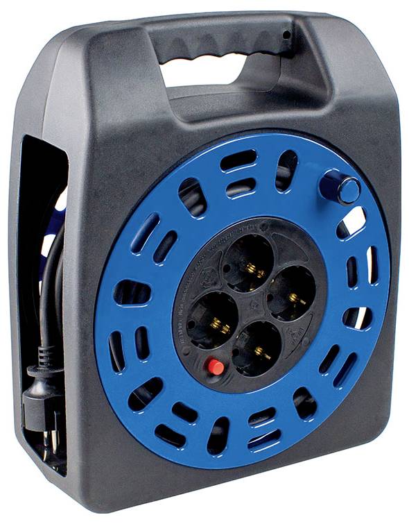 Eine schwarz-blaue, tragbare Kabeltrommel mit Griff, ausgestattet mit vier Steckdosen. Die Trommel verfügt über ein kompaktes, ergonomisches Design für einfache Handhabung und Transport.
