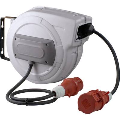 Ein automatischer Kabelaufroller mit rotem Industriestecker und -kupplung, montiert in einem grauen Gehäuse zur Wandbefestigung.