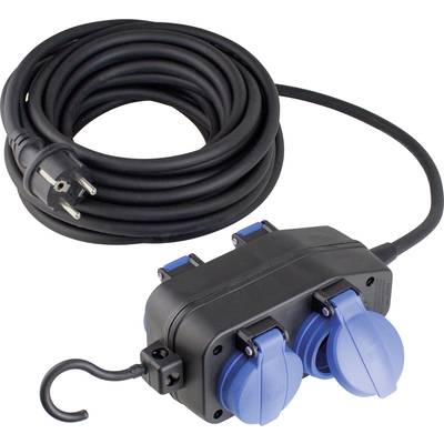 Schwarzes Verlängerungskabel mit europäischem Stecker und mehreren blauen Steckdosen, aufgerollt, mit Haken zum Aufhängen.