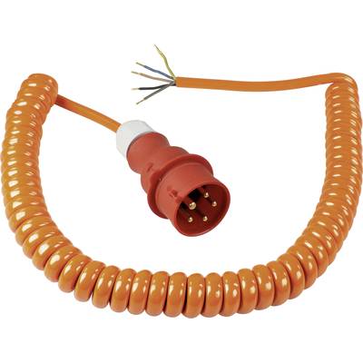 Ein orangefarbenes, spiraliges Kabel mit einem roten Steckverbinder und offenen Drähten am Ende.