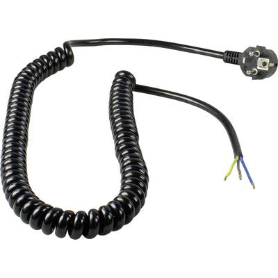 Schwarzes Spiralkabel mit einem geerdeten Schuko-Stecker auf einer Seite und drei offenen, nicht isolierten Kabelenden auf der anderen Seite.