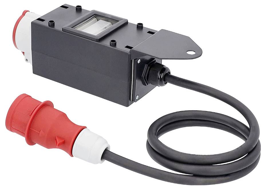 Ein schwarzes elektrisches Gehäuse mit einem transparenten Fenster ist über ein schwarzes Kabel mit einem rot-weißen Netzstecker verbunden und wird für industrielle Anwendungen verwendet.