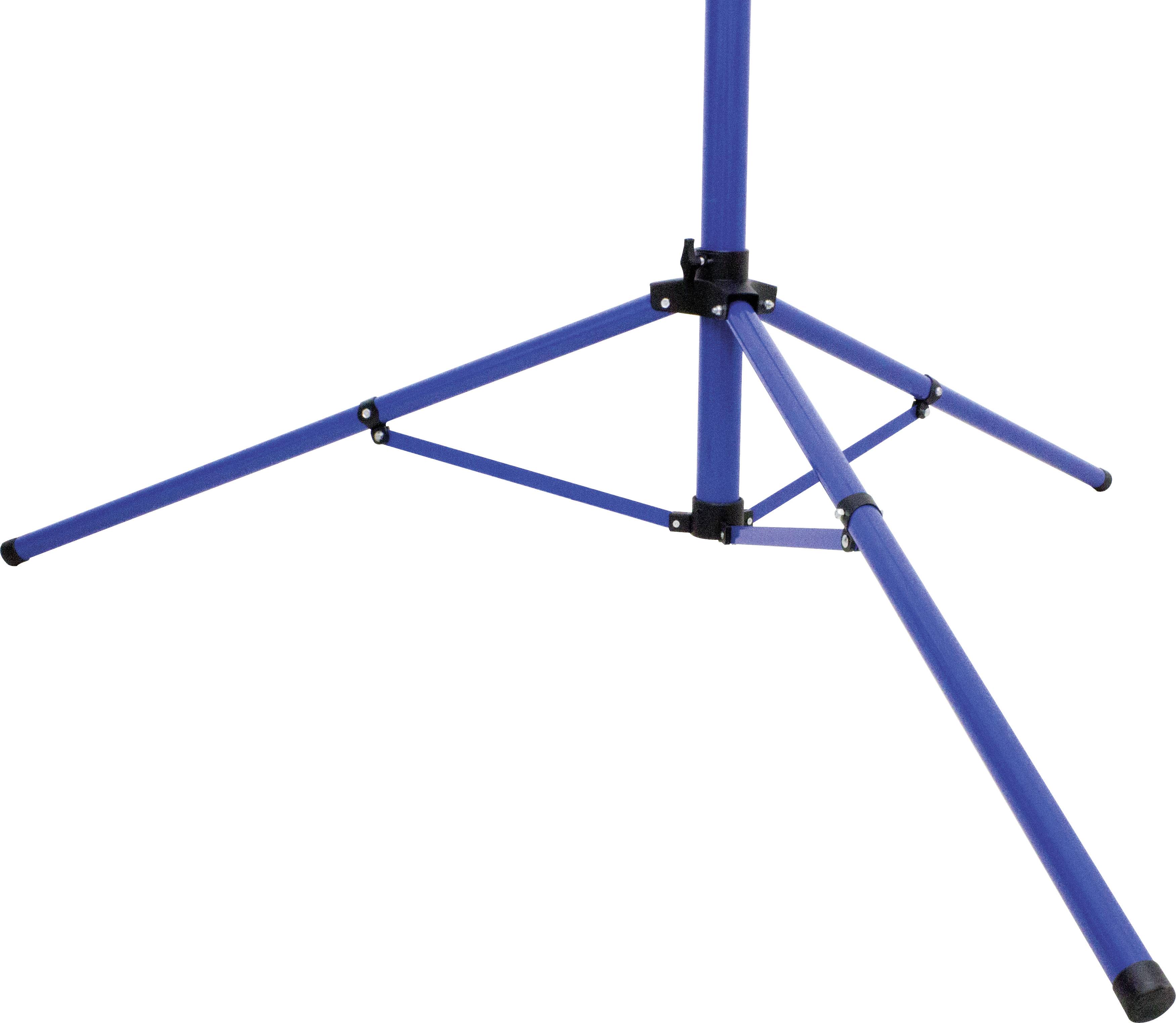 Blaues Stativ mit drei Beinen, die zur Stabilität ausgeklappt sind, vor weißem Hintergrund.