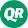 'QR' in schwarzen Buchstaben auf einem rosa, pixeligen Hintergrund. Das Bild scheint ein einfaches Logo oder Icon zu sein.