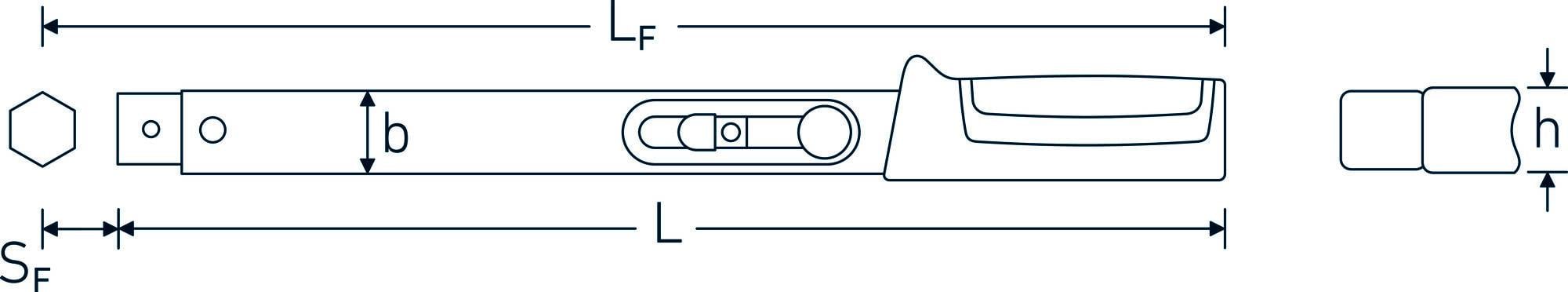 Technische Zeichnung einer Schraubenschlüsselverlängerung mit Abmessungen: 'LF', 'h', 'b', 'L', 'SF', 'T'.