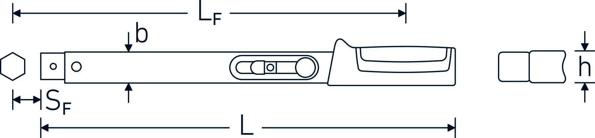 Technische Zeichnung eines Drehmomentschlüssels mit Pfeilen, die Länge (L), Breite (b), und weitere Maße (SF, LF, h) zeigen.