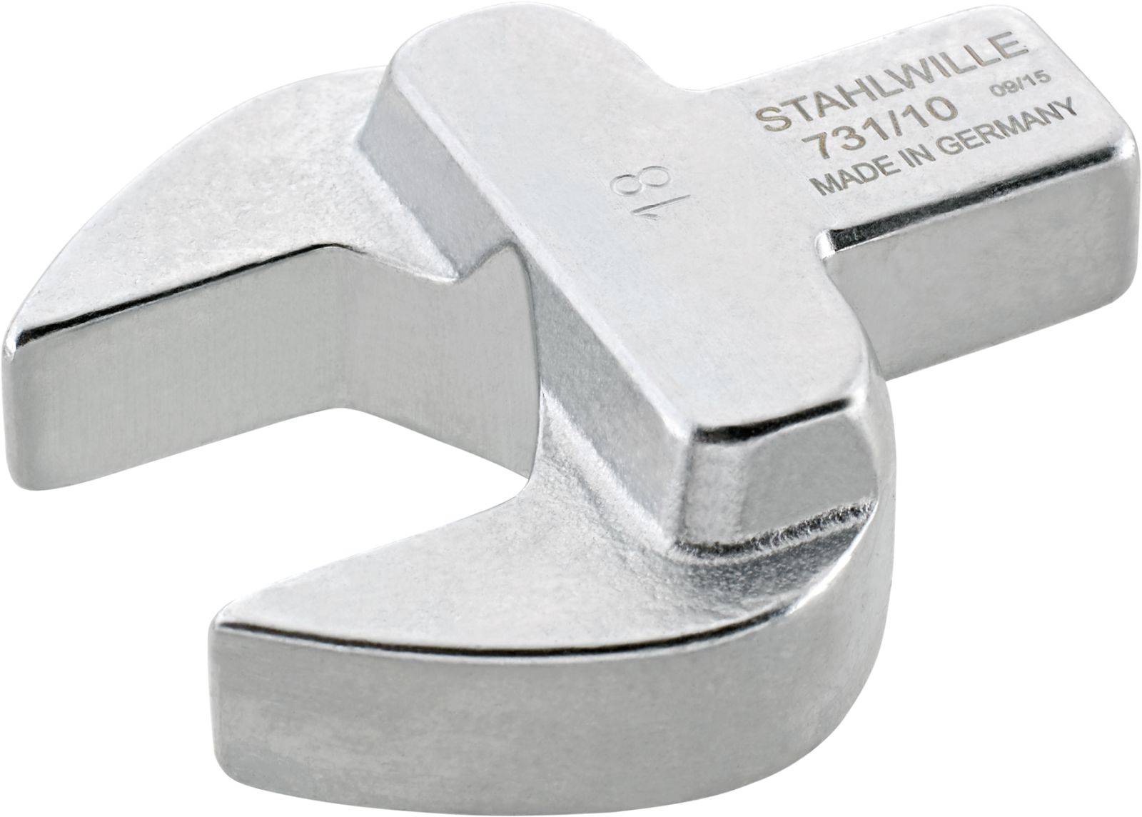 Ein silbern glänzender Gabelschlüssel ohne Griff, mit der Aufschrift 'STAHLWILLE 731/10 Made in Germany', zeigt die Größe 18.
