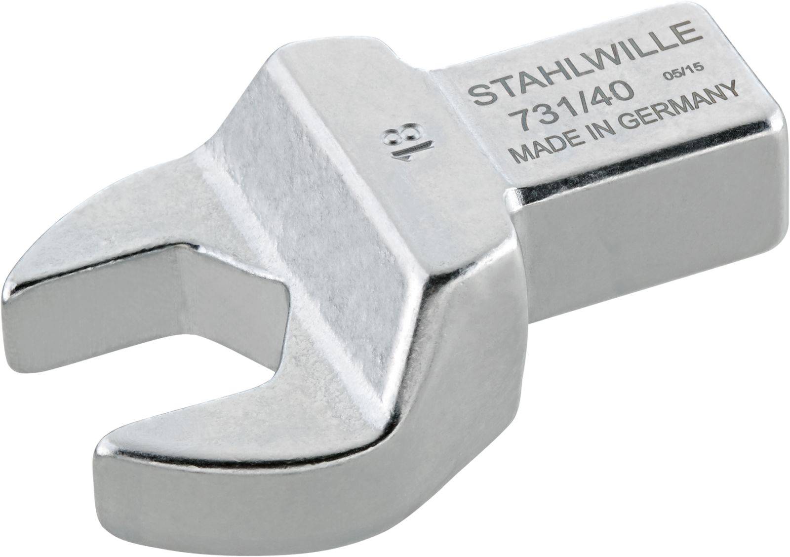 Ein einzelner silberner Schraubenschlüsselkopf mit der Aufschrift 'STAHLWILLE 731/40 MADE IN GERMANY'. Geeignet für Größe 18.