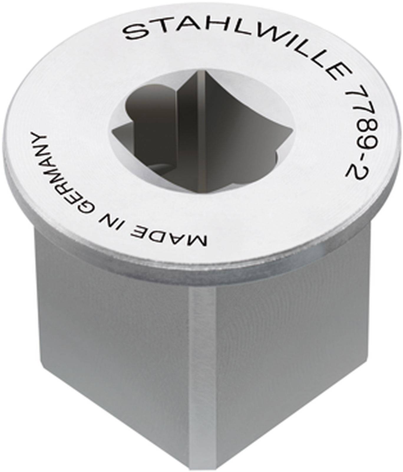 Metallschlüsseladapter mit hexagonalem Ende, graviert mit 'STAHLWILLE 7789-2' und 'MADE IN GERMANY'.