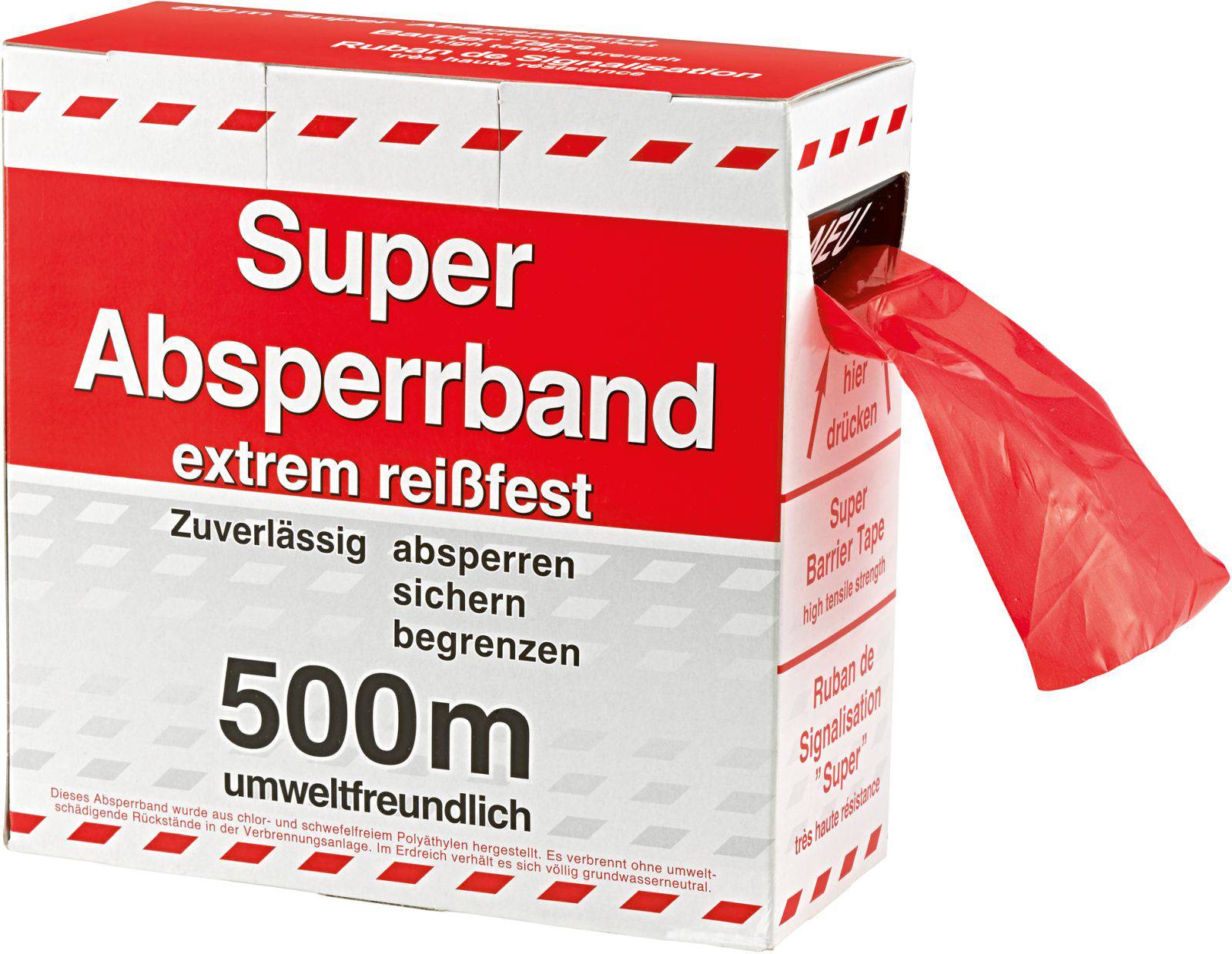 Rote Rolle Absperrband in Kartonverpackung. Text auf der Verpackung: 'Super Absperrband' und '500 m umweltfreundlich'.