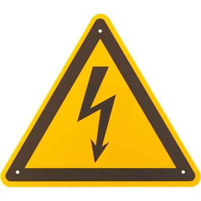 Gelbes Warnschild mit schwarzem Blitzsymbol, das auf elektrische Gefahr hinweist.