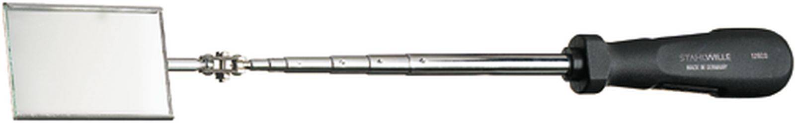 Ein rechteckiger Spiegel an einem ausziehbaren Teleskoparm mit einem schwarzen Griff. Geeignet für schwer zugängliche Bereiche.