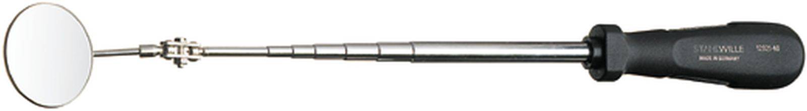 Teleskopischer Inspektionsspiegel mit schwarzem Griff und drehbarem Kopf, ermöglicht eine erweiterte Sicht auf schwer zugängliche Stellen.