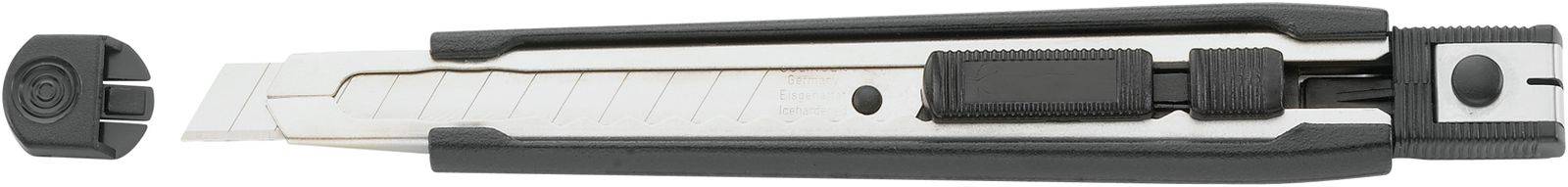 Ein silberfarbiges Universalmesser mit schwarzem Griff und Sicherheitskappe liegt horizontal.