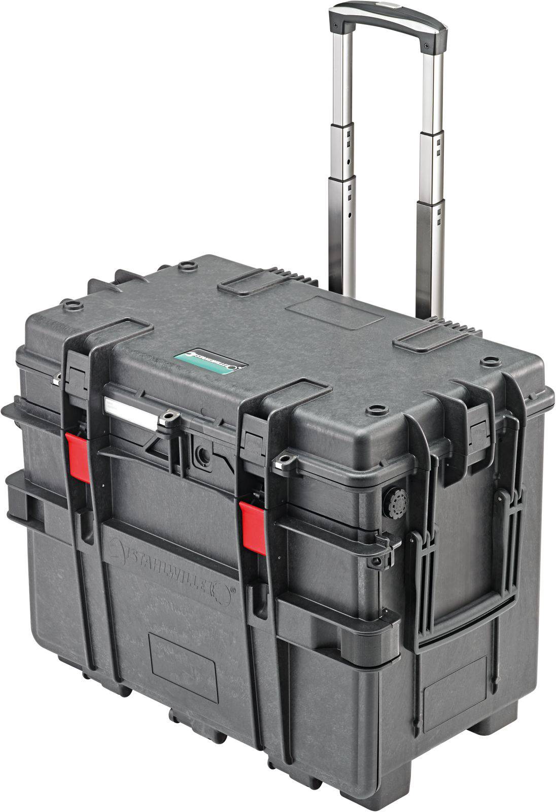 Ein schwarzer, robuster Rollkoffer mit Teleskopgriff und Verschlüssen. Ideal für den sicheren Transport von Ausrüstung.