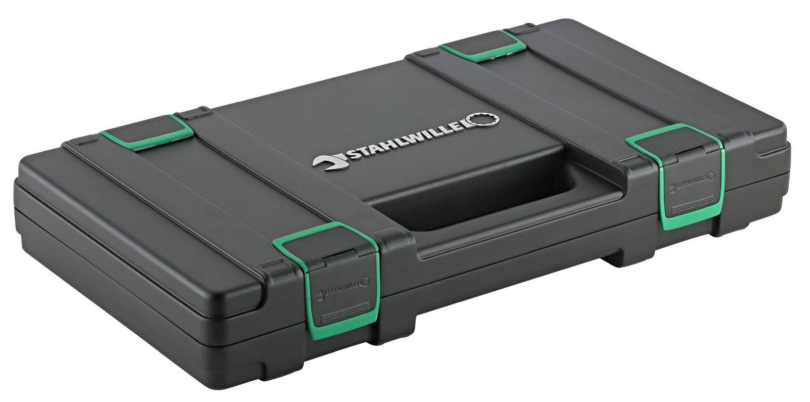 Schwarzer Werkzeugkoffer mit grünen Verschlüssen und 'STAHLWILLE' Logo auf dem Deckel.