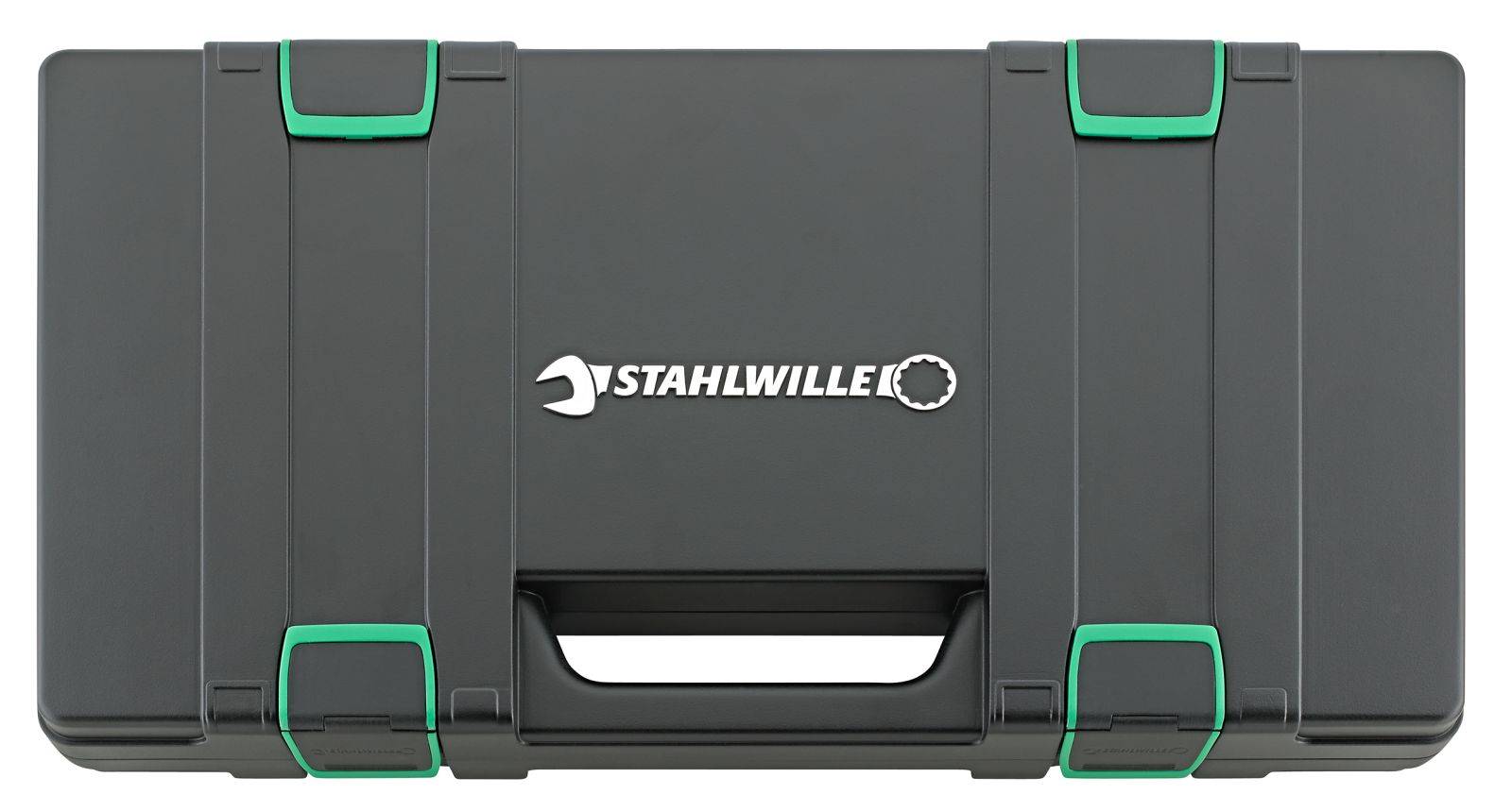 Schwarzer Werkzeugkoffer mit grünem Verschluss und 'Stahlwille'-Logo.