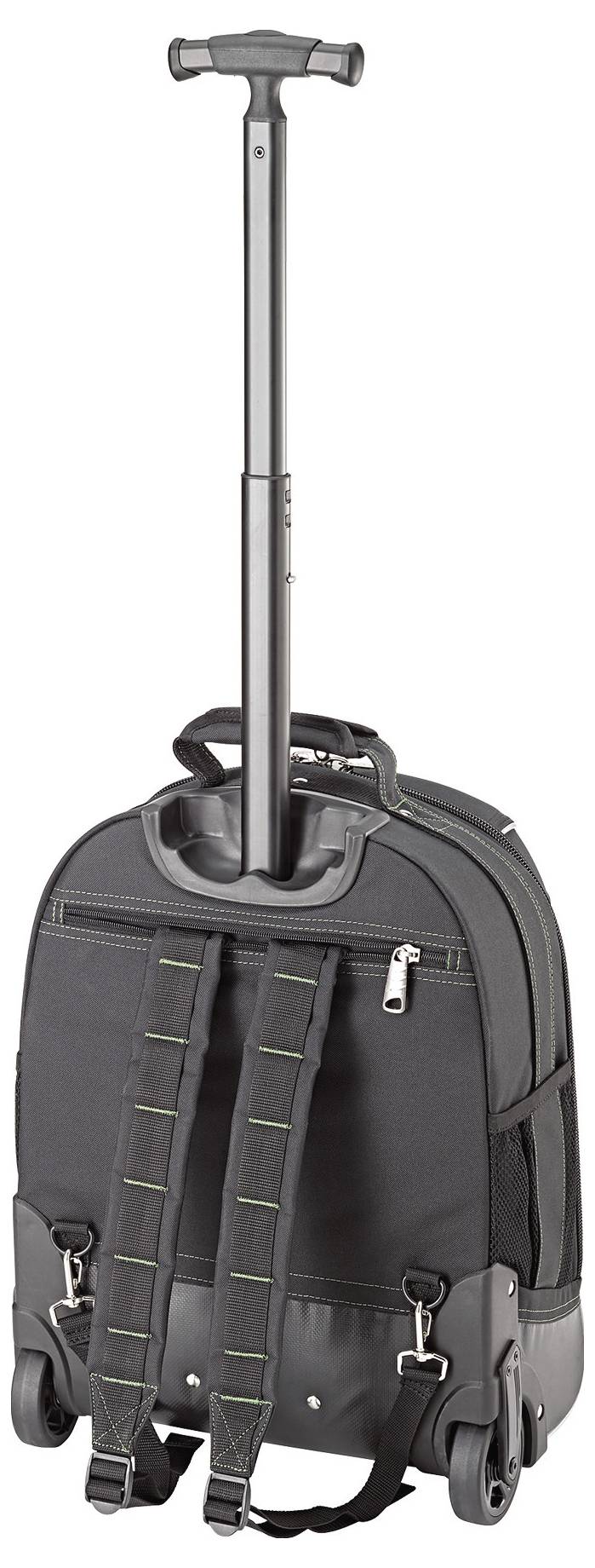 Ein schwarzer Rucksack mit Rädern, ausziehbarem Griff und Riemen, der Vielseitigkeit bei den Trageoptionen bietet.