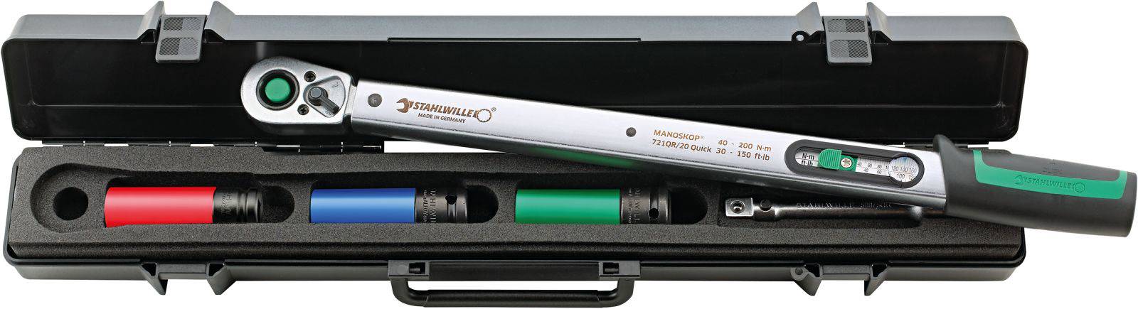 'Drehmomentschlüssel mit Kunststoffgriffen in einem offenen schwarzen Koffer. Enthält farbige Stecknüsse in Rot, Blau und Grün.'