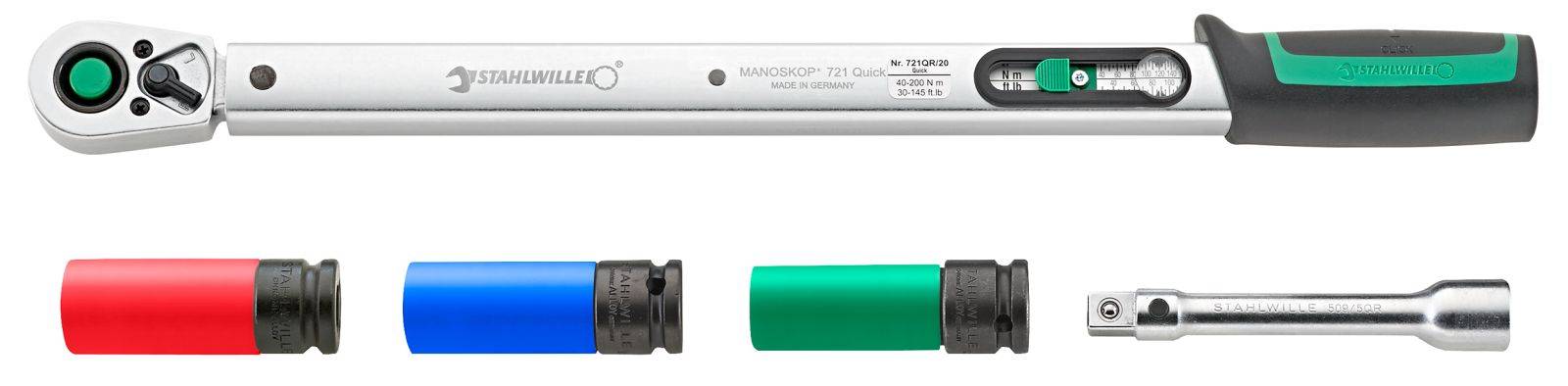 Drehmomentschlüssel mit Griff, Anzeige und vier farbigen Stecknüssen. Verwendet zur präzisen Befestigung von Schrauben und Muttern.