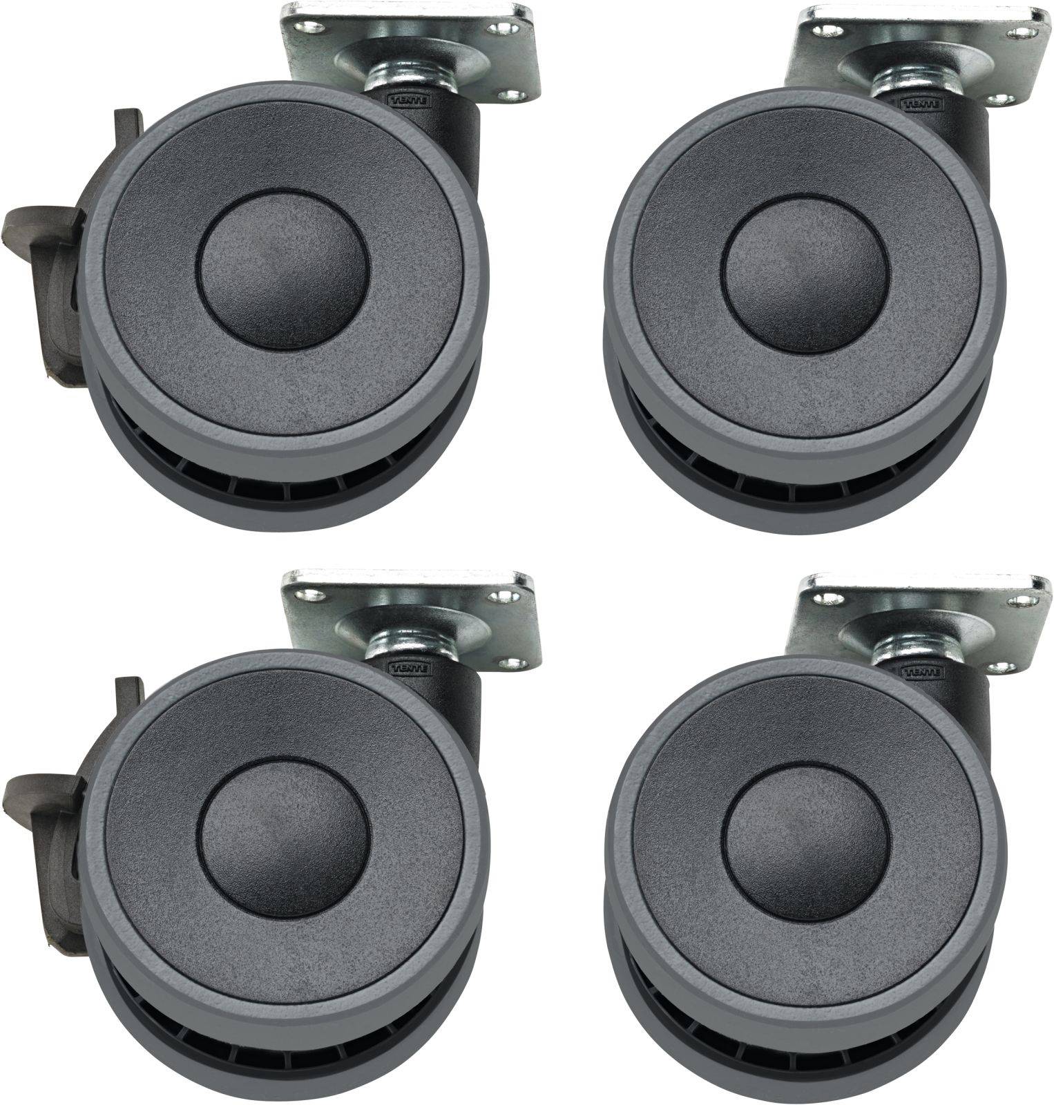 Vier schwarze Möbelrollen mit Montagesockel, kreisförmiges Design, jede mit einer Metallhalterung zur Befestigung an Möbeln.