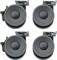 Vier schwarze Möbelrollen mit Montagesockel, kreisförmiges Design, jede mit einer Metallhalterung zur Befestigung an Möbeln.