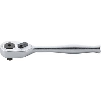 Ein silberner Ratschen-Schraubenschlüssel mit einem drehbaren Kopf und einem ergonomischen Griff aus Metall.