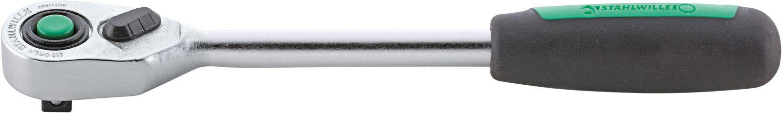 Ein verchromter Knarren-Schraubenschlüssel mit umschaltbarer Ratsche und ergonomischem, schwarz-grünem Griff.
