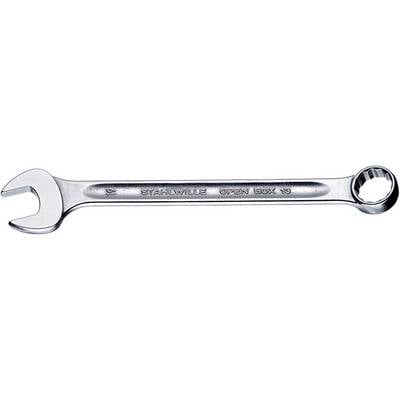 Ein silberner Schraubenschlüssel mit offener und Ringschlüsselöffnung, geprägt mit 'STAHLWILLE OPEN BOX 19', vermutlich für mechanische Arbeiten.