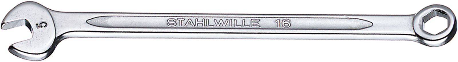 Ein silberner Schraubenschlüssel mit der Aufschrift 'STAHLWILLE 16', offen an einem Ende und ringförmig am anderen Ende.