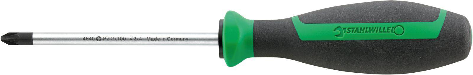 Schraubendreher mit ergonomischem Griff, schwarzer Kreuzschlitzspitze, graues und grünes Design. Geeignet für präzises Arbeiten.