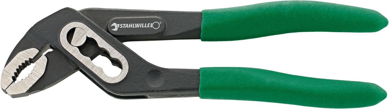 Die Abbildung zeigt eine Wasserpumpenzange mit grünem Griff und verstellbarem Kopf. Sie ist ein Werkzeug zum Greifen von Rohren.