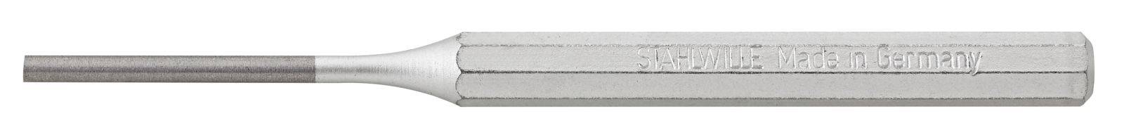 Ein langer, sechseckiger Metallstift, möglicherweise ein Ausdrückstift-Werkzeug, aus silbernem Metall mit glattem Griff.