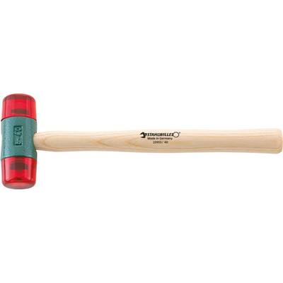 Ein Hammer mit einem Holzgriff und zwei roten Gummiköpfen, beschriftet mit 'STAHLWILLE Made in Germany'. Geeignet für empfindliche Arbeiten.