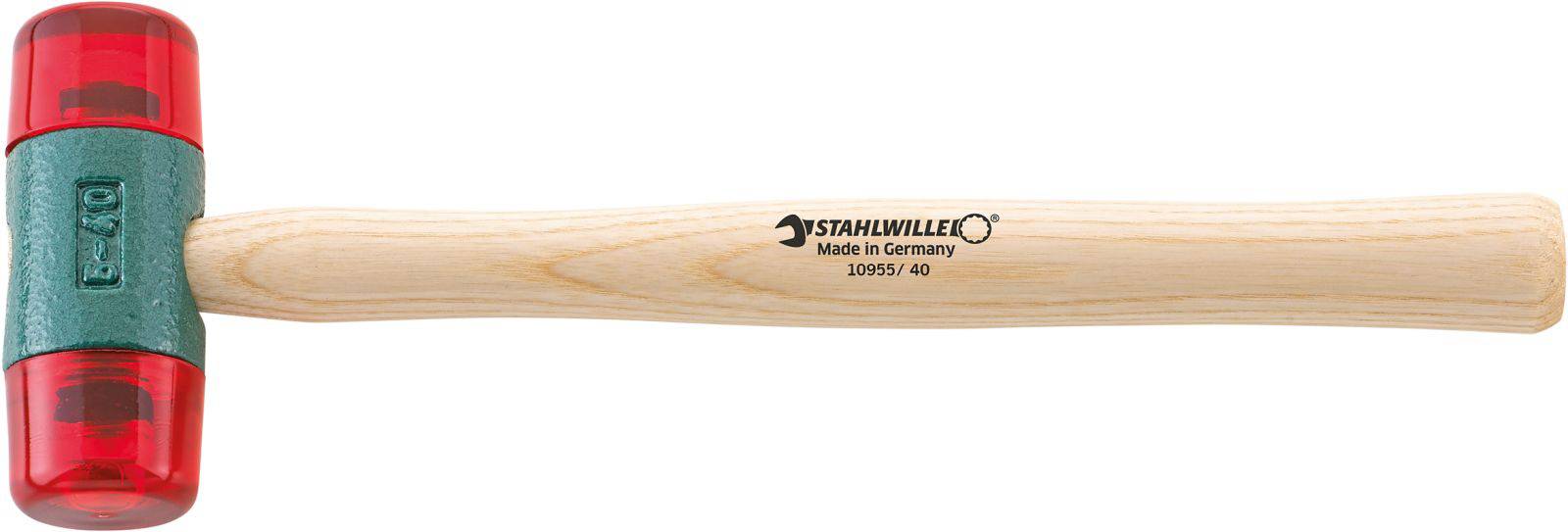 Gummihammer mit Holzstiel und roten Kunststoffköpfen, Aufschrift 'STAHLWILLE Made in Germany 10955/40'.