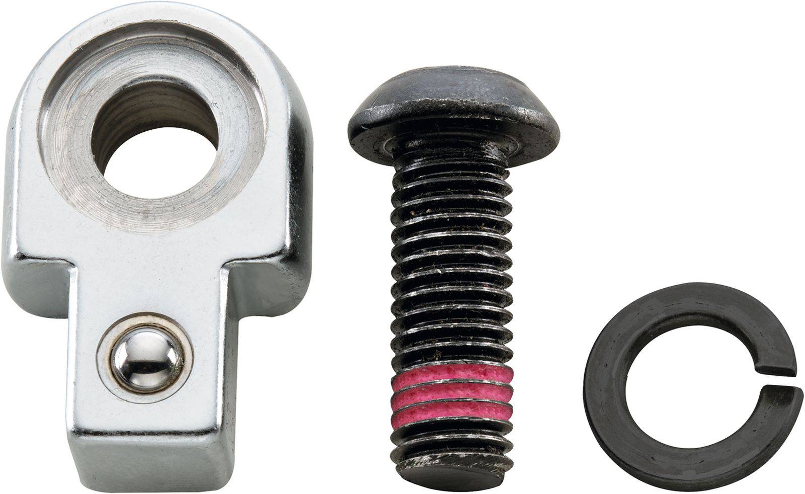 Ein metallener U-Halter, eine Schraube mit rotem Gewindeabschnitt und eine schwarze Unterlegscheibe.