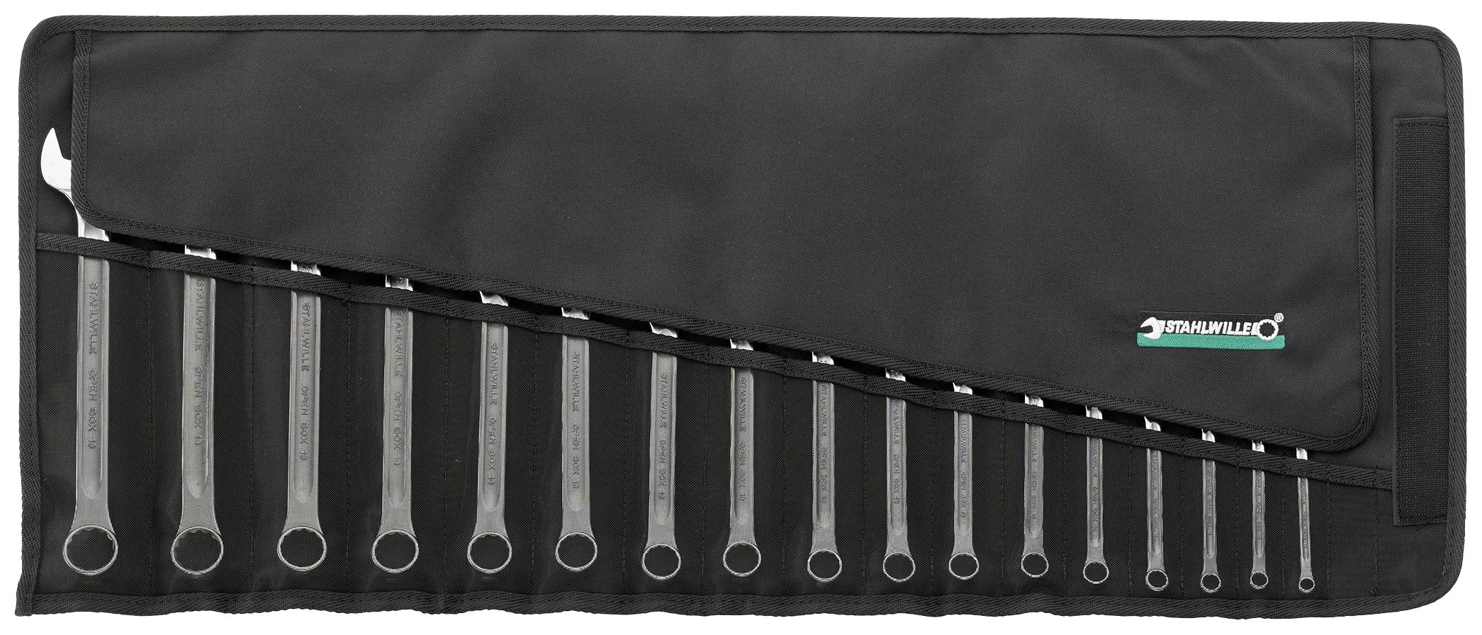 Ein Set von 17 offenen Maul- und Ringschlüsseln in einer schwarzen Werkzeugtasche.