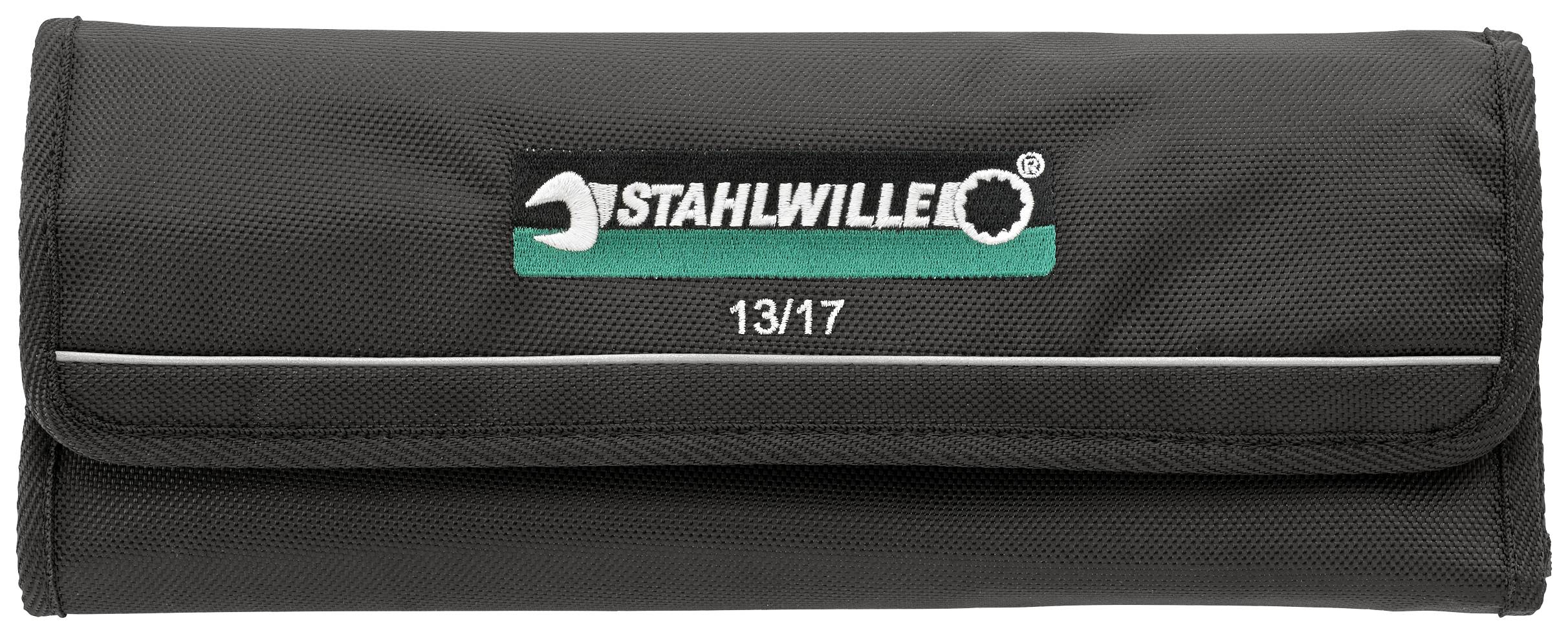 Eine schwarze Werkzeugtasche mit aufgedrucktem 'Stahlwille' Logo und der Zahl '13/17'.
