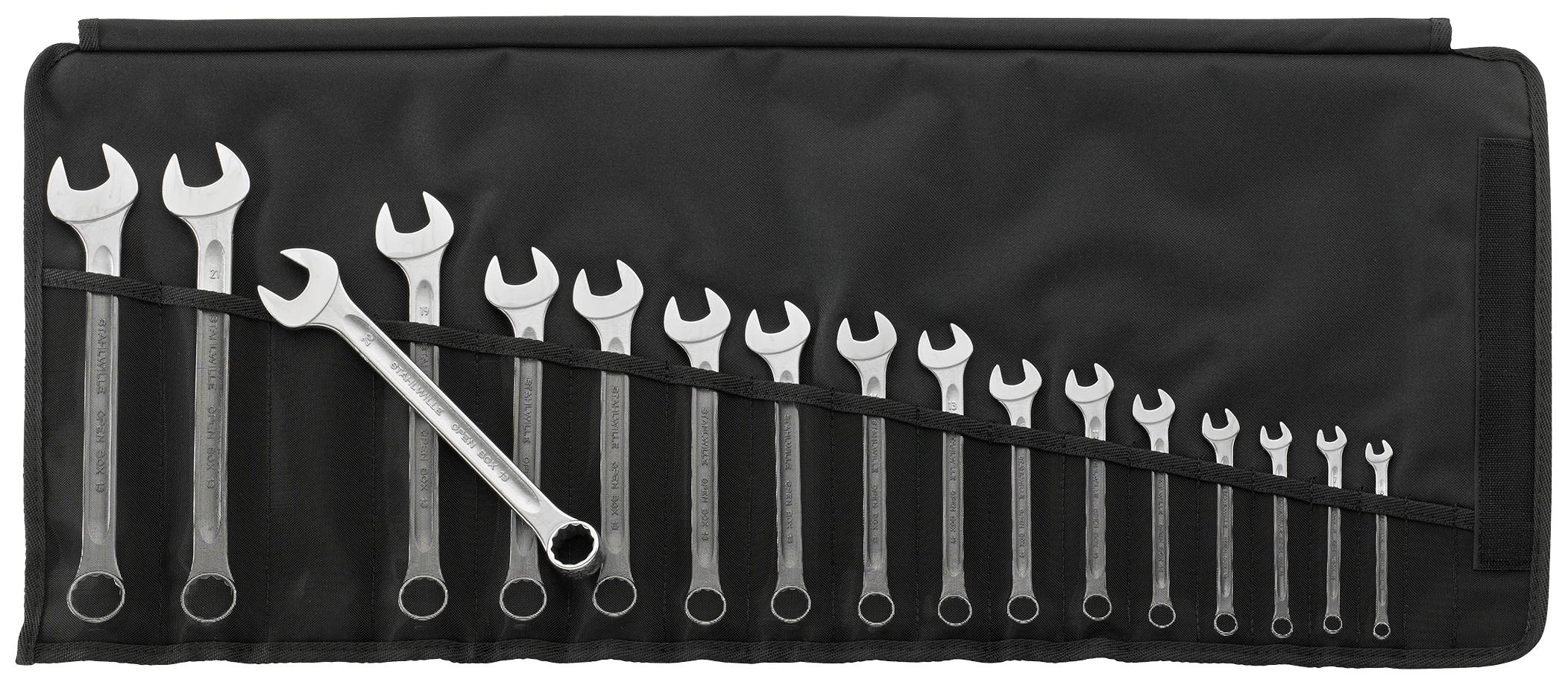 Ein Satz Maulschlüssel verschiedener Größen, geordnet von groß nach klein, in einer schwarzen Rolltasche.