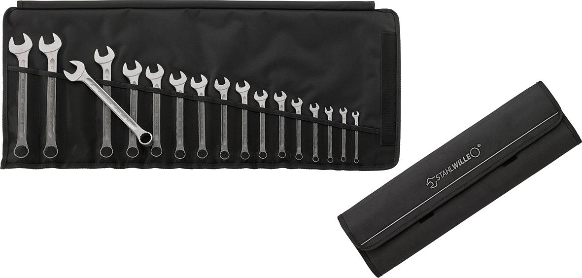Ein Satz Schraubenschlüssel in verschiedenen Größen, angeordnet in einer schwarzen Tasche. Rechts die verschlossene Tasche mit Logo.