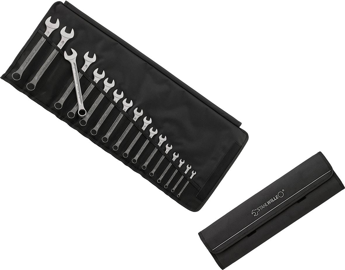 Satz mit offenen Schraubenschlüsseln in verschiedenen Größen, ordentlich in einer schwarzen Werkzeugtasche angeordnet.