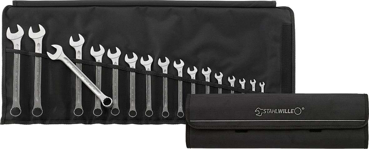 'Bild eines vollständigen Satzes Ring- und Maulschlüssel in verschiedenen Größen, ordentlich in einer schwarzen Werkzeugrolle organisiert.'