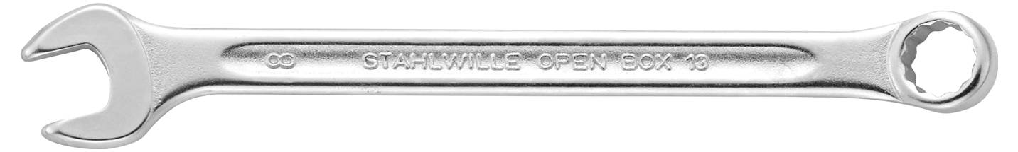 Ein silberner Schraubenschlüssel aus Metall mit offener und geschlossener Ausführung, beschriftet mit 'STAHLWILLE OPEN BOX 19'.