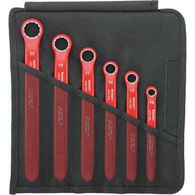 Sechsteiliges Set geschlossener Ringschlüssel in verschiedenen Größen, geordnet nach aufsteigender Größe in einer schwarzen Tasche.