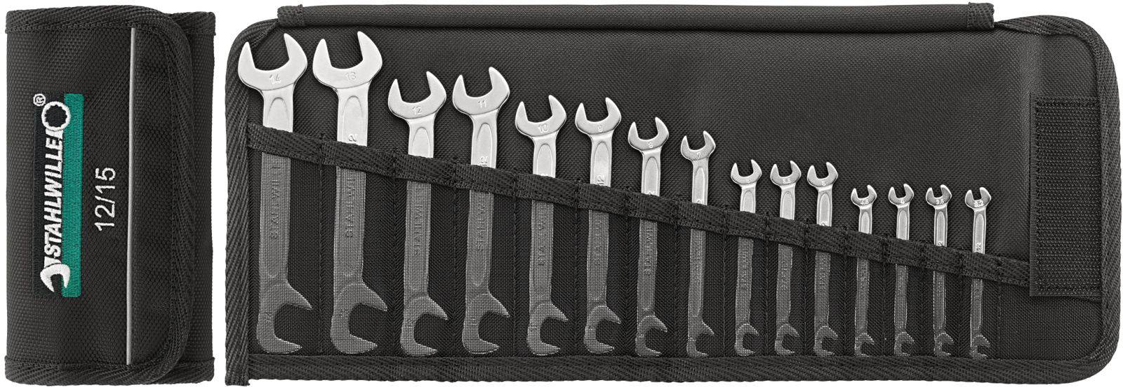 'Satz von 17 offenen Ringschlüsseln in einer schwarzen Werkzeugtasche, geordnet nach Größe, von einem Hersteller namens Stahlwille.'