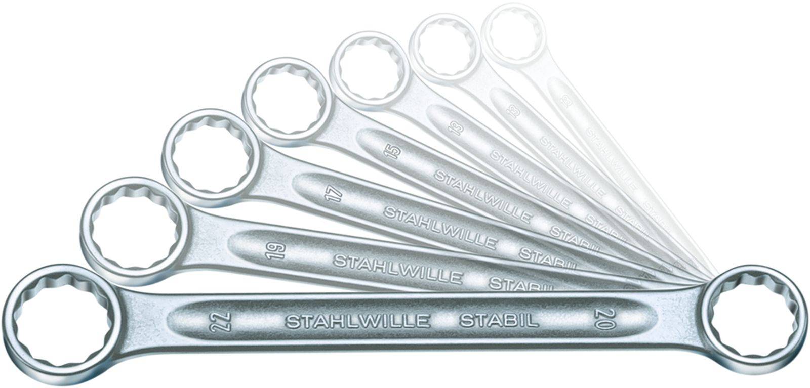 Satz Ringmaulschlüssel in verschiedenen Größen, von 6 bis 22 mm. Jeder Schlüssel aus Metall, nebeneinander aufgereiht.