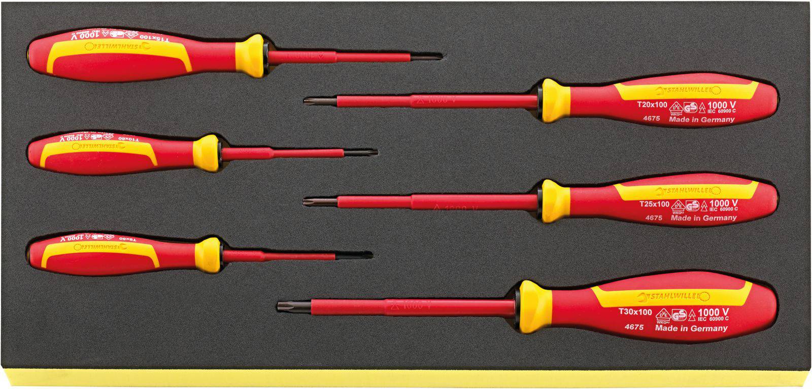 Sechs isolierte Schraubendreher in Schaumstoffeinlage; verschiedene Größen, rot-gelbes Design, für sicheres Arbeiten mit Elektrik.