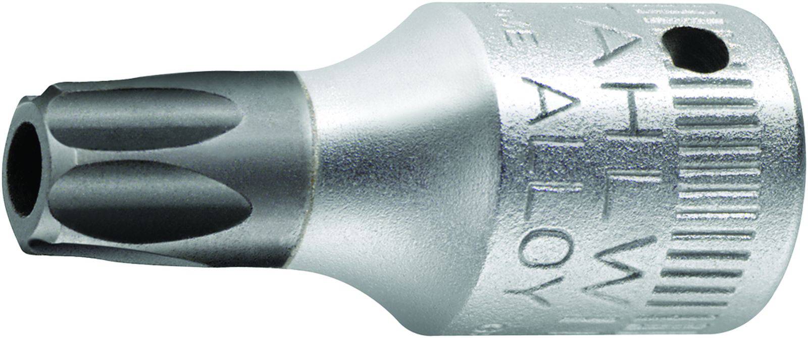 'Metallischer Torx-Bit, silberfarben, mit gerilltem Griff und schwarzer Spitze, verwendet für das Lösen und Befestigen von Schrauben.'