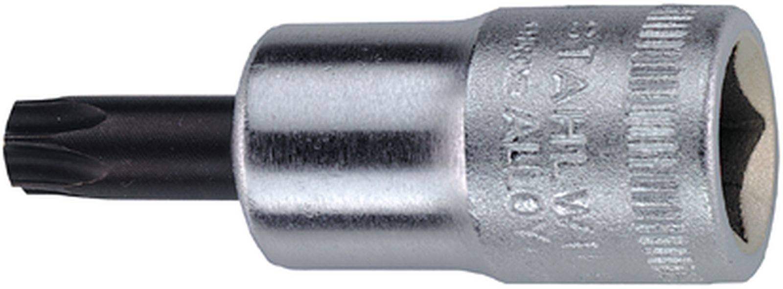 Schraubwerkzeug mit schwarzer Spitze und silbernem, zylindrischem Griff mit Metallaufschrift.