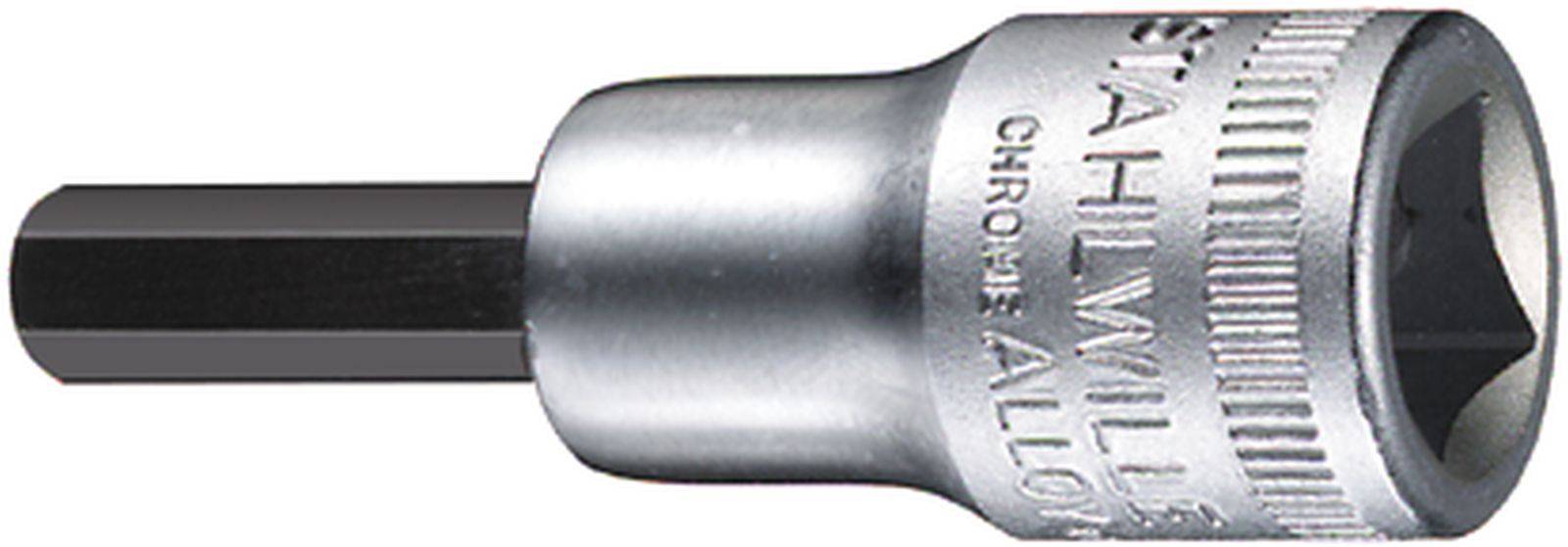 Ein Sechskant-Steckschlüssel mit einem kurzen zylindrischen Griff. Links ist ein sechseckiger Stift zur Aufnahme von Schraubköpfen sichtbar.